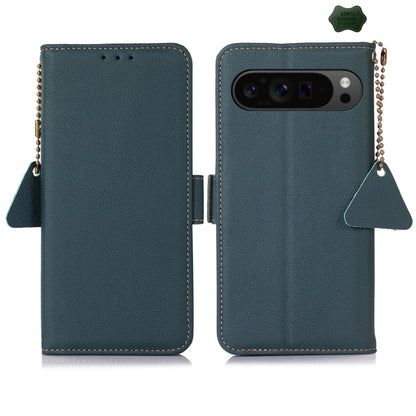 For Google Pixel 9 Pro Side-Magnetic TJ Genuine Leather RFID Phone Case(Green) - Google Cases by PMC Jewellery | Online Shopping South Africa | PMC Jewellery | Buy Now Pay Later Mobicred