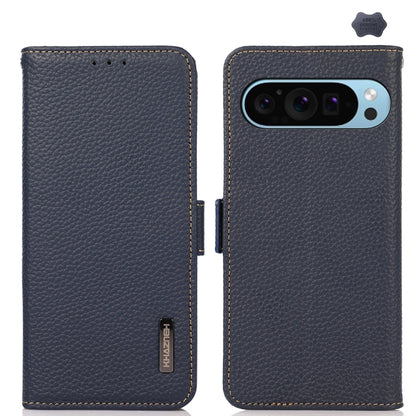 For Google Pixel 9 KHAZNEH Side-Magnetic Litchi Genuine Leather RFID Phone Case(Blue) - Google Cases by PMC Jewellery | Online Shopping South Africa | PMC Jewellery | Buy Now Pay Later Mobicred