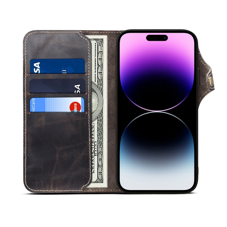 For iPhone 15 Pro Max Denior Oil Wax Cowhide Magnetic Button Genuine Leather Case(Black) - iPhone 15 Pro Max Cases by Denior | Online Shopping South Africa | PMC Jewellery | Buy Now Pay Later Mobicred