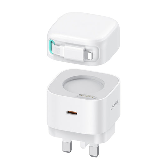 USAMS US-CC211 SMF Series PD35W 8 Pin + Type-C Dual Port GaN Fast Charger, UK Plug(White) - USB Charger by USAMS | Online Shopping South Africa | PMC Jewellery | Buy Now Pay Later Mobicred