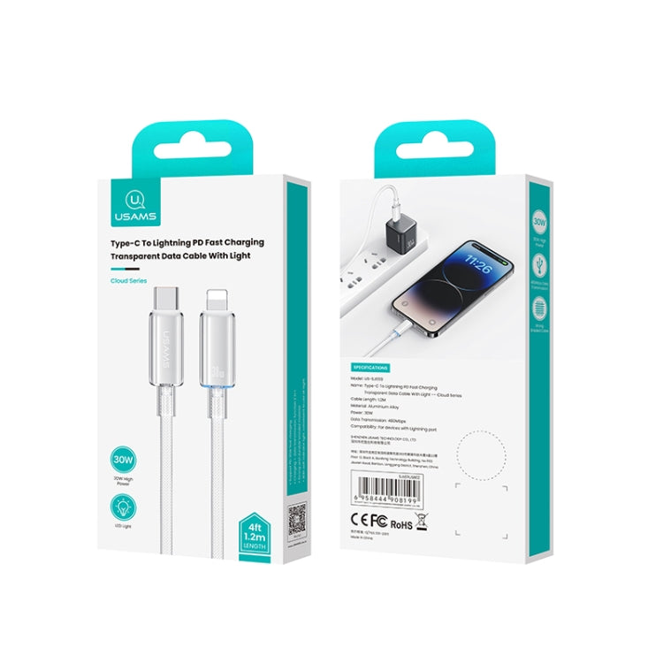 USAMS Type-C To 8 Pin Aluminum Alloy Clear LED 30W PD Fast Charge Data Cable, Length:1.2m(White) - 2 in 1 Cable by USAMS | Online Shopping South Africa | PMC Jewellery | Buy Now Pay Later Mobicred