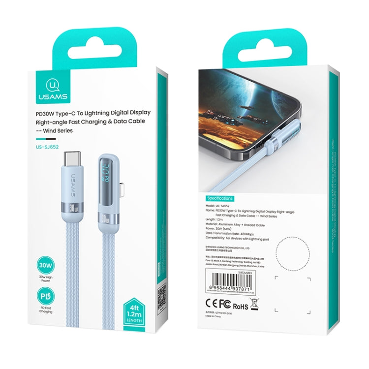 USAMS US-SJ652 PD 30W USB-C/Type-C to 8 Pin Aluminum Alloy Digital Display Fast Charging Elbow Data Cable, Length: 1.2m(Blue) - 2 in 1 Cable by USAMS | Online Shopping South Africa | PMC TechLife | Buy Now Pay Later Mobicred