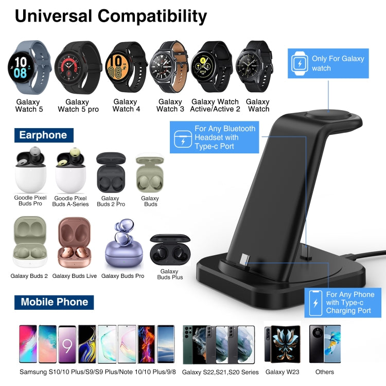 For Type-C Mobile Phones & Earphones / Samsung Watch Series 4 in 1 Wireless Charger Holder(Black) - Multifunction Charger by PMC Jewellery | Online Shopping South Africa | PMC Jewellery | Buy Now Pay Later Mobicred