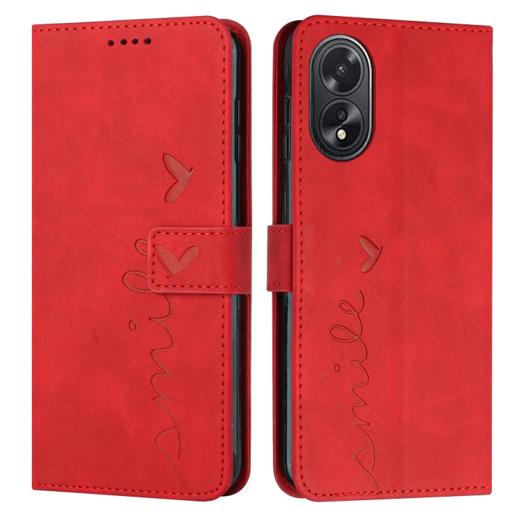 For OPPO A38 / Oppo A18 Skin Feel Heart Embossed Leather Phone Case with Long Lanyard(Red) - A18 Cases by PMC Jewellery | Online Shopping South Africa | PMC Jewellery | Buy Now Pay Later Mobicred