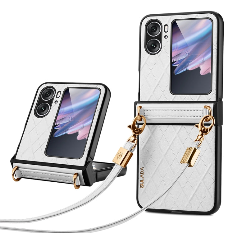 For OPPO Find N2 Flip SULADA Elegant Rhombic Texture Folding Phone Case with Lanyard(White) - OPPO Cases by SULADA | Online Shopping South Africa | PMC Jewellery | Buy Now Pay Later Mobicred