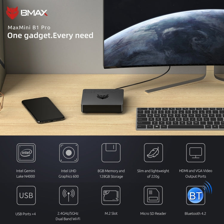 BMAX B1 Pro Windows 10 Mini PC, 8GB+128GB, Intel Celeron N4000, Support HDMI / VGA / RJ45(US Plug) - Windows Mini PCs by BMAX | Online Shopping South Africa | PMC Jewellery | Buy Now Pay Later Mobicred