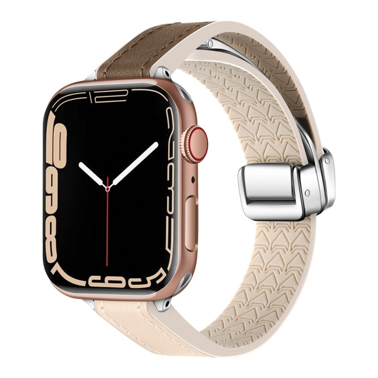 For Apple Watch Series 9 45mm Magnetic Folding Leather Silicone Watch Band(Apricot Brown) - Watch Bands by PMC Jewellery | Online Shopping South Africa | PMC Jewellery