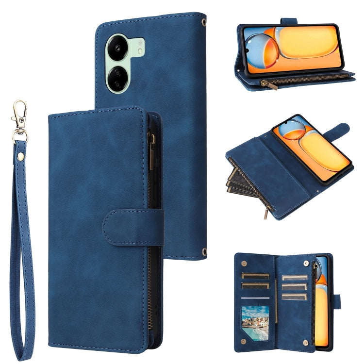 For Xiaomi Redmi 13C 4G Global Multifunctional Frosted Zipper Wallet Leather Phone Case(Blue) - 13C Cases by PMC Jewellery | Online Shopping South Africa | PMC Jewellery | Buy Now Pay Later Mobicred