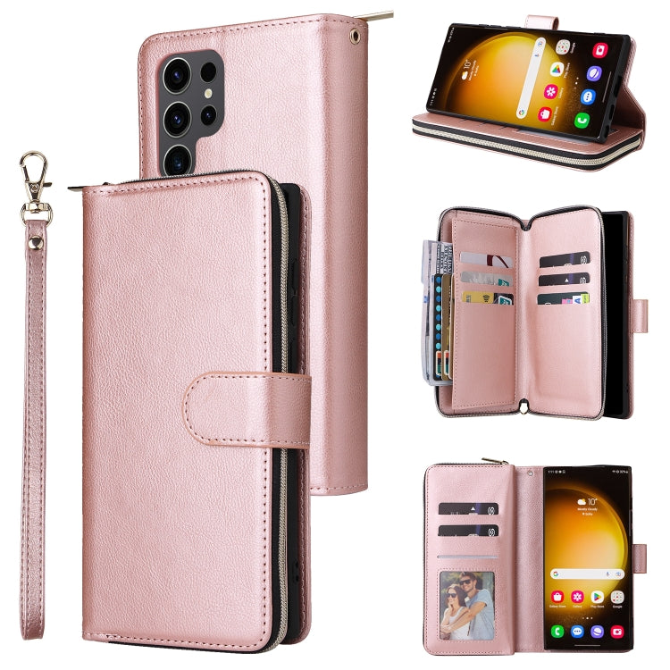 For Samsung Galaxy S24 Ultra 5G 9-Card Slots Zipper Wallet Bag Leather Phone Case(Rose Gold) - Galaxy S24 Ultra 5G Cases by PMC Jewellery | Online Shopping South Africa | PMC Jewellery | Buy Now Pay Later Mobicred