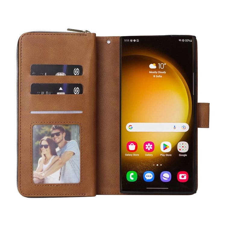 For Samsung Galaxy S24 Ultra 5G 9-Card Slots Zipper Wallet Bag Leather Phone Case(Brown) - Galaxy S24 Ultra 5G Cases by PMC Jewellery | Online Shopping South Africa | PMC Jewellery | Buy Now Pay Later Mobicred