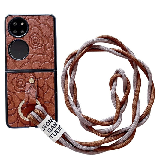 For Huawei P50 Pocket Impression Camellia Pattern Protective Phone Case with Diamond Ring Long Lanyard(Brown) - Huawei Cases by PMC Jewellery | Online Shopping South Africa | PMC Jewellery