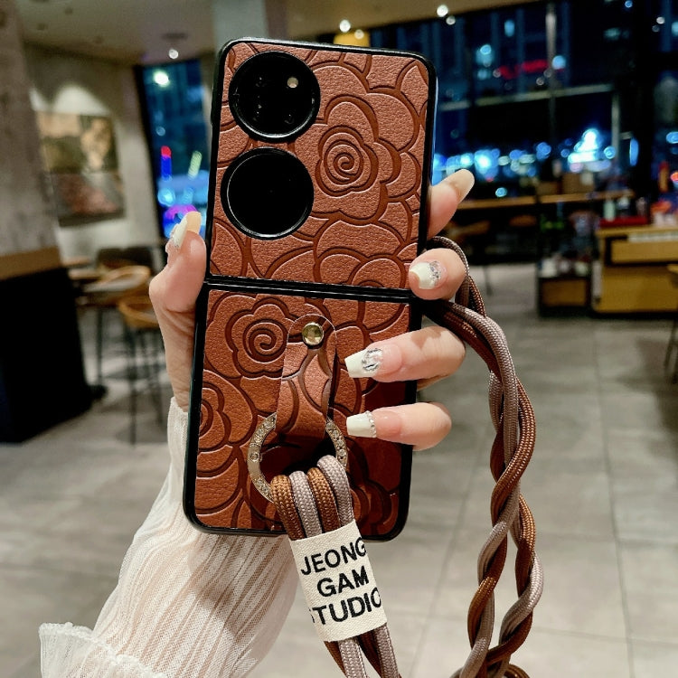 For Huawei P50 Pocket Impression Camellia Pattern Protective Phone Case with Diamond Ring Long Lanyard(Brown) - Huawei Cases by PMC Jewellery | Online Shopping South Africa | PMC Jewellery