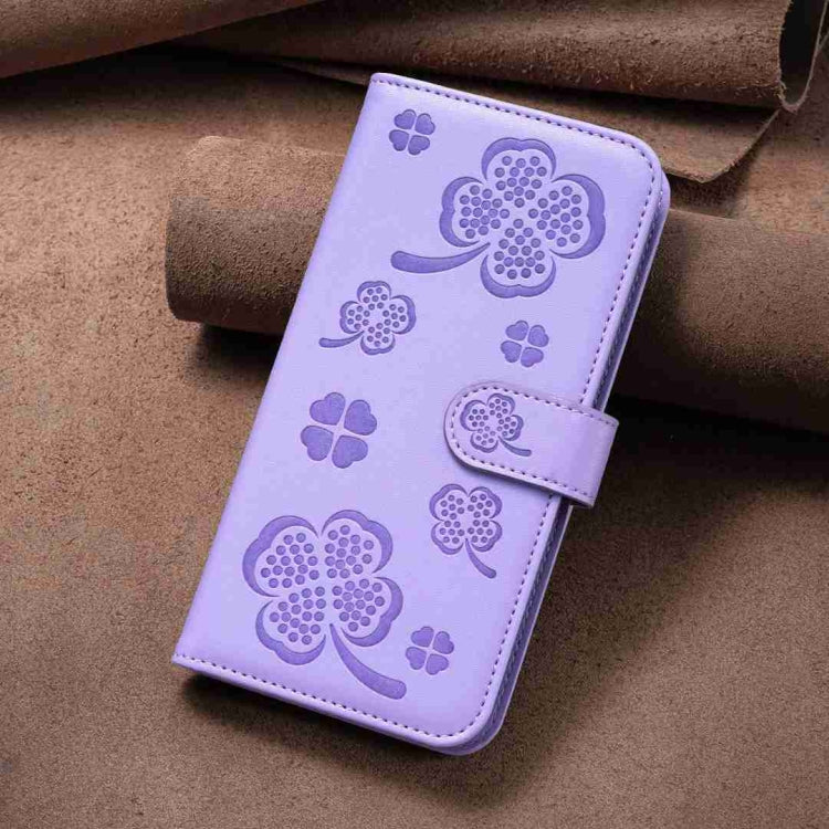 For Xiaomi Redmi Note 12 Pro 5G Global Four-leaf Embossed Leather Phone Case(Purple) - Xiaomi Cases by PMC TechLife | Online Shopping South Africa | PMC TechLife | Buy Now Pay Later Mobicred