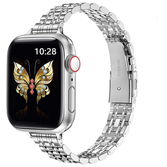 For Apple Watch Series 4 40mm Slim Seven Bead Slingshot Buckle Metal Watch Band(Silver) - Watch Bands by PMC Jewellery | Online Shopping South Africa | PMC Jewellery