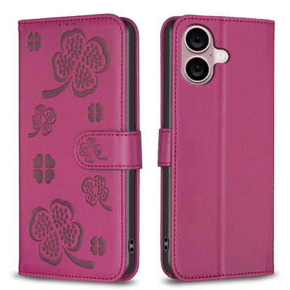 For iPhone 16 Four-leaf Embossed Leather Phone Case(Rose Red) - iPhone 16 Cases by PMC Jewellery | Online Shopping South Africa | PMC Jewellery | Buy Now Pay Later Mobicred