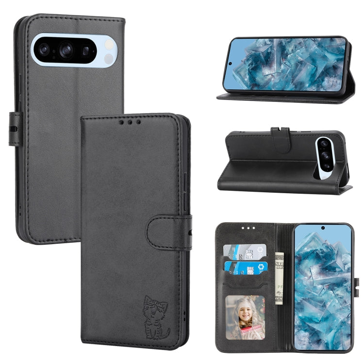 For Google Pixel 9 Embossed Happy Cat Pattern Flip Leather Phone Case(Black) - Google Cases by PMC TechLife | Online Shopping South Africa | PMC TechLife | Buy Now Pay Later Mobicred