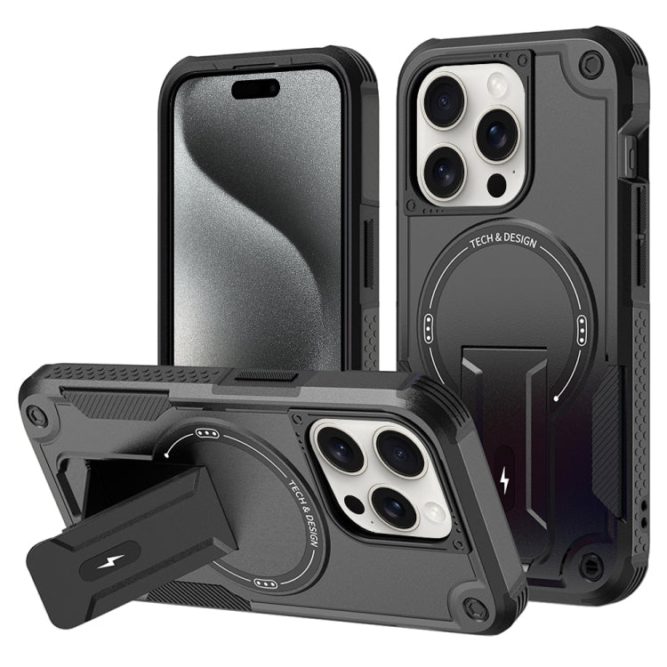 For iPhone 15 Pro MagSafe Holder Armor PC Hybrid TPU Phone Case(Black) - iPhone 15 Pro Cases by PMC TechLife | Online Shopping South Africa | PMC TechLife | Buy Now Pay Later Mobicred