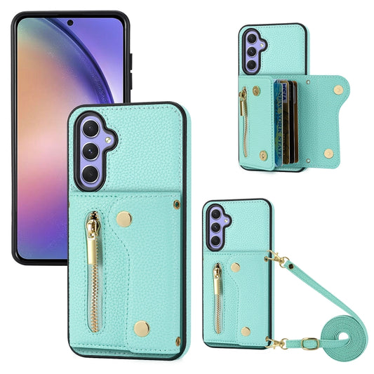 For Samsung Galaxy S24 DF-09 Crossbody Litchi texture Card Bag Design PU Phone Case(Cyan) - Galaxy S24 5G Cases by PMC Jewellery | Online Shopping South Africa | PMC Jewellery | Buy Now Pay Later Mobicred