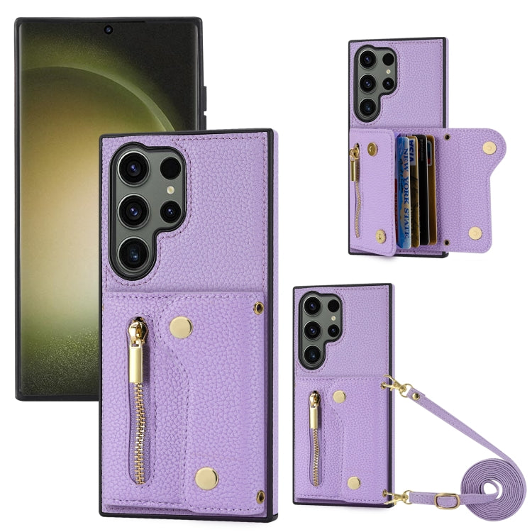 For Samsung Galaxy S24 Ultra DF-09 Crossbody Litchi texture Card Bag Design PU Phone Case(Purple) - Galaxy S24 Ultra 5G Cases by PMC Jewellery | Online Shopping South Africa | PMC Jewellery | Buy Now Pay Later Mobicred