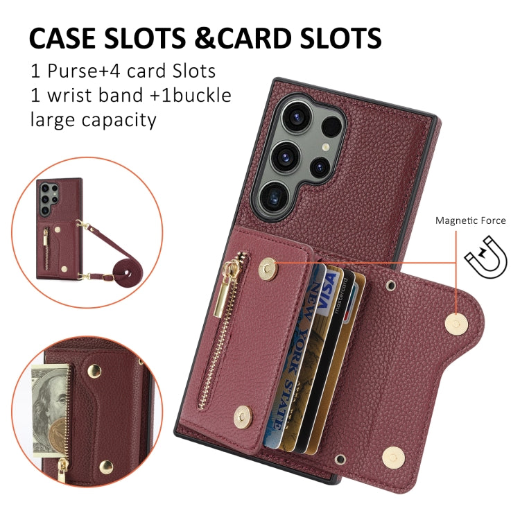 For Samsung Galaxy S24 Ultra DF-09 Crossbody Litchi texture Card Bag Design PU Phone Case(Wine Red) - Galaxy S24 Ultra 5G Cases by PMC Jewellery | Online Shopping South Africa | PMC Jewellery | Buy Now Pay Later Mobicred