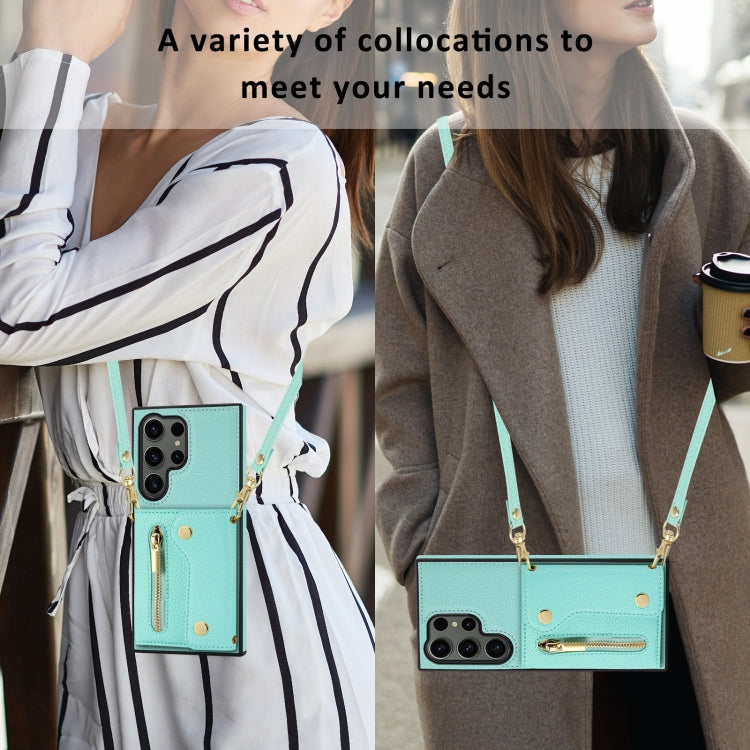 For Samsung Galaxy S24 Ultra DF-09 Crossbody Litchi texture Card Bag Design PU Phone Case(Cyan) - Galaxy S24 Ultra 5G Cases by PMC Jewellery | Online Shopping South Africa | PMC Jewellery | Buy Now Pay Later Mobicred