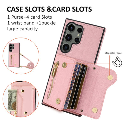 For Samsung Galaxy S24 Ultra DF-09 Crossbody Litchi texture Card Bag Design PU Phone Case(Pink) - Galaxy S24 Ultra 5G Cases by PMC Jewellery | Online Shopping South Africa | PMC Jewellery | Buy Now Pay Later Mobicred