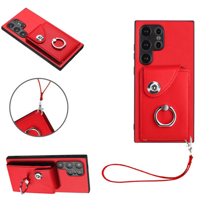 For Samsung Galaxy S24 Ultra 5G Organ Card Bag Ring Holder PU Phone Case with Lanyard(Red) - Galaxy S24 Ultra 5G Cases by PMC Jewellery | Online Shopping South Africa | PMC Jewellery