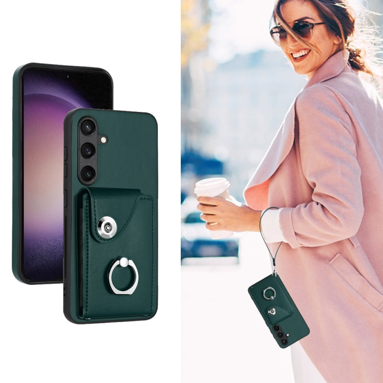 For Samsung Galaxy S24+ 5G Organ Card Bag Ring Holder PU Phone Case with Lanyard(Green) - Galaxy S24+ 5G Cases by PMC Jewellery | Online Shopping South Africa | PMC Jewellery