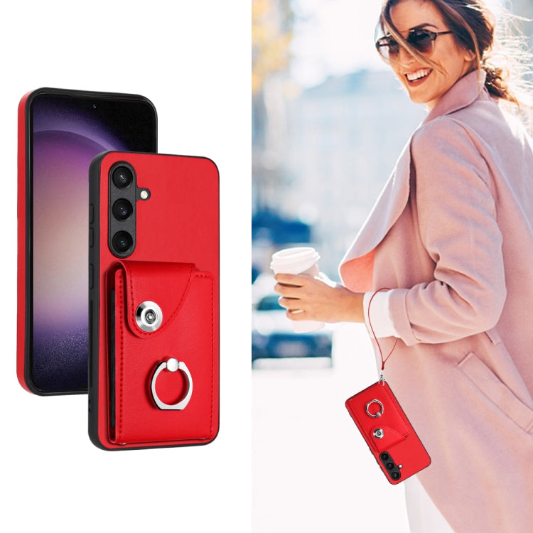 For Samsung Galaxy S24 5G Organ Card Bag Ring Holder PU Phone Case with Lanyard(Red) - Galaxy S24 5G Cases by PMC Jewellery | Online Shopping South Africa | PMC Jewellery