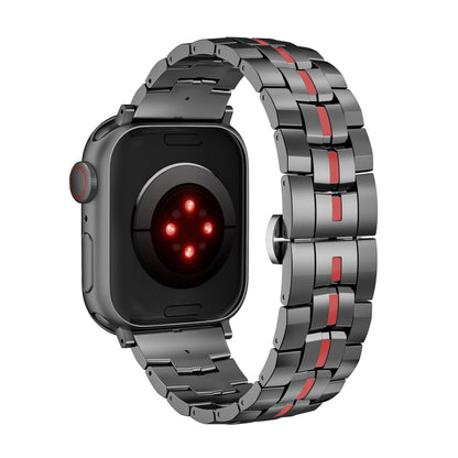 For Apple Watch Series 2 42mm Butterfly Buckle 5-Beads Metal Watch Band(Black Red) - Watch Bands by PMC Jewellery | Online Shopping South Africa | PMC Jewellery