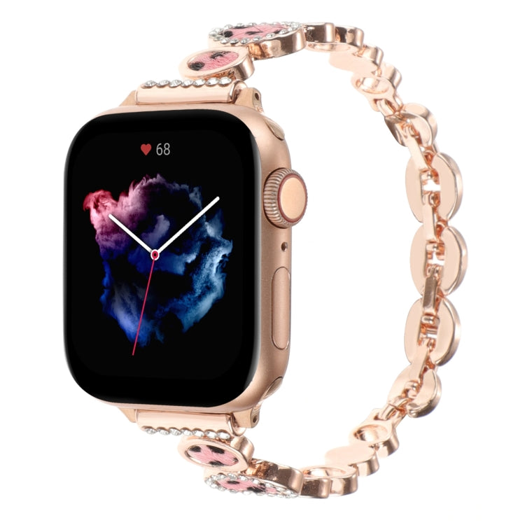 For Apple Watch SE 44mm Leopard Rhinestones Metal Chain Watch Band(Rose Gold) - Watch Bands by PMC Jewellery | Online Shopping South Africa | PMC Jewellery