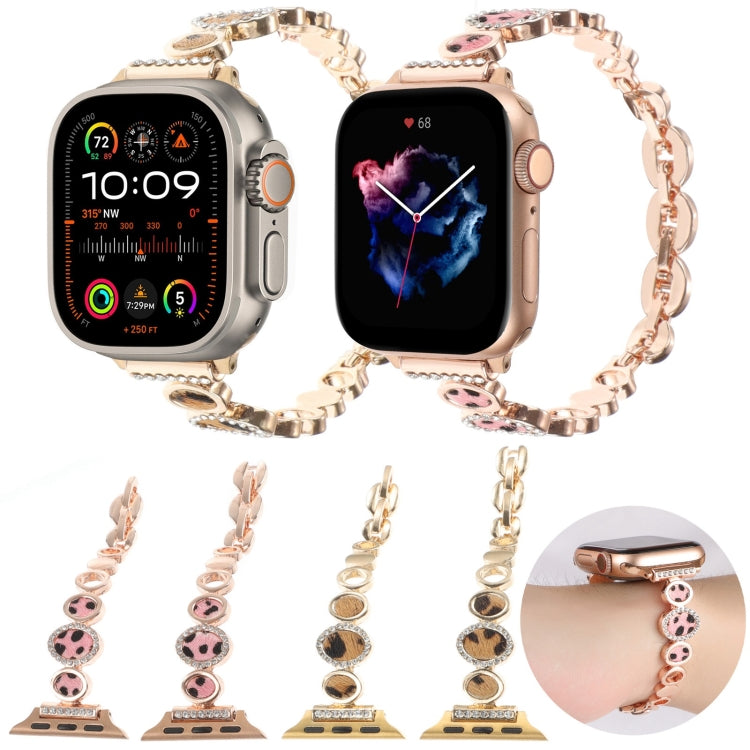 For Apple Watch 42mm Leopard Rhinestones Metal Chain Watch Band(Gold) - Watch Bands by PMC Jewellery | Online Shopping South Africa | PMC Jewellery