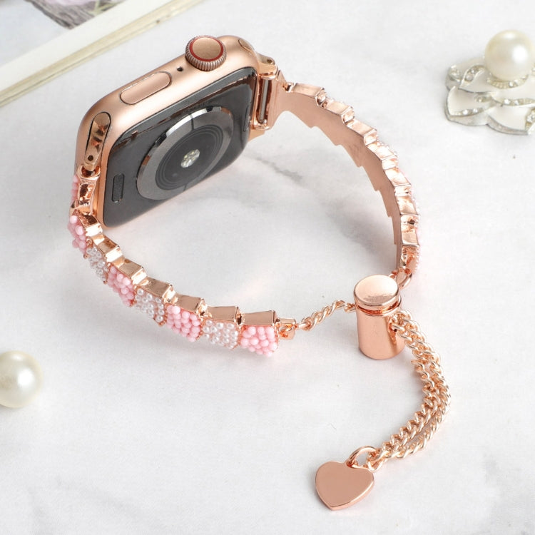 For Apple Watch Ultra 2 49mm Shell Beads Chain Bracelet Metal Watch Band(Pink White Rose Gold) - Watch Bands by PMC Jewellery | Online Shopping South Africa | PMC Jewellery