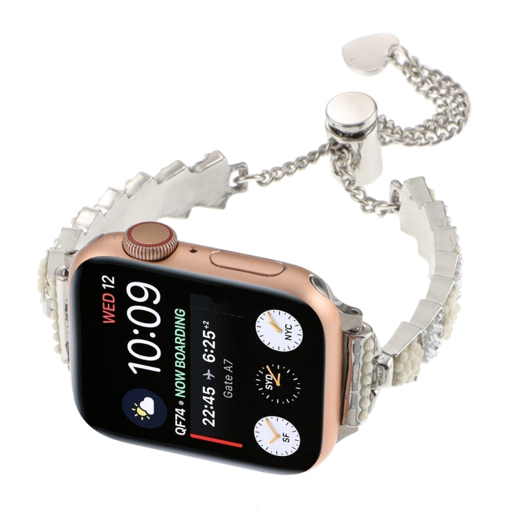 For Apple Watch Series 8 41mm Shell Beads Chain Bracelet Metal Watch Band(Beige White Silver) - Watch Bands by PMC Jewellery | Online Shopping South Africa | PMC Jewellery