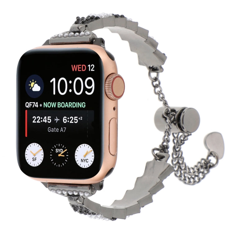 For Apple Watch SE 44mm Shell Beads Chain Bracelet Metal Watch Band(Black White) - Watch Bands by PMC Jewellery | Online Shopping South Africa | PMC Jewellery