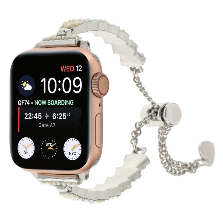 For Apple Watch Series 5 44mm Shell Beads Chain Bracelet Metal Watch Band(Beige White Silver) - Watch Bands by PMC Jewellery | Online Shopping South Africa | PMC Jewellery