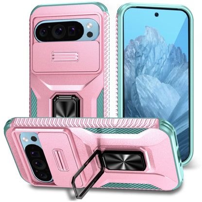 For Google Pixel 9 / Pixel 9 Pro Sliding Camshield Holder Phone Case(Pink + Grey Green) - Google Cases by PMC Jewellery | Online Shopping South Africa | PMC Jewellery | Buy Now Pay Later Mobicred