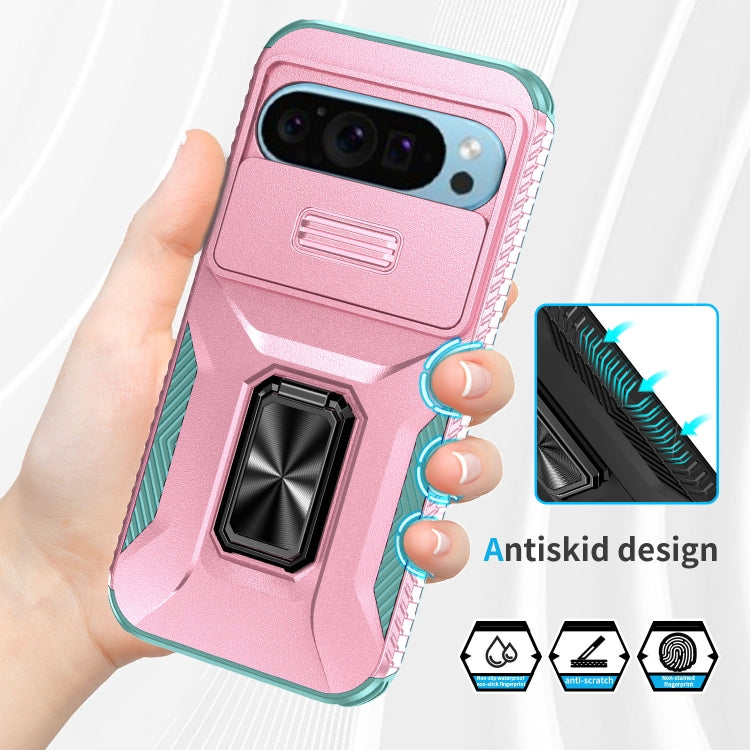 For Google Pixel 9 / Pixel 9 Pro Sliding Camshield Holder Phone Case(Pink + Grey Green) - Google Cases by PMC Jewellery | Online Shopping South Africa | PMC Jewellery | Buy Now Pay Later Mobicred