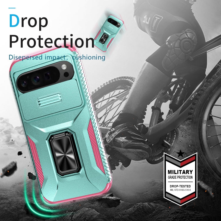 For Google Pixel 9 Pro XL Sliding Camshield Holder Phone Case(Grey Green + Pink) - Google Cases by PMC Jewellery | Online Shopping South Africa | PMC Jewellery | Buy Now Pay Later Mobicred