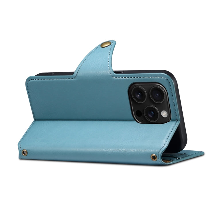 For iPhone 16 Pro Max Denior Cowhide Texture Wallet Style Leather Phone Case(Blue) - iPhone 16 Pro Max Cases by Denior | Online Shopping South Africa | PMC Jewellery | Buy Now Pay Later Mobicred