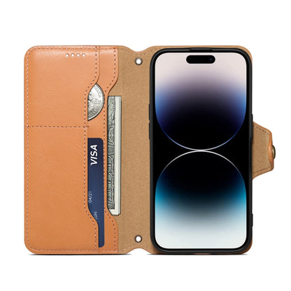 For iPhone 16 Plus Denior Cowhide Texture Wallet Style Leather Phone Case(Khaki) - iPhone 16 Plus Cases by Denior | Online Shopping South Africa | PMC Jewellery | Buy Now Pay Later Mobicred