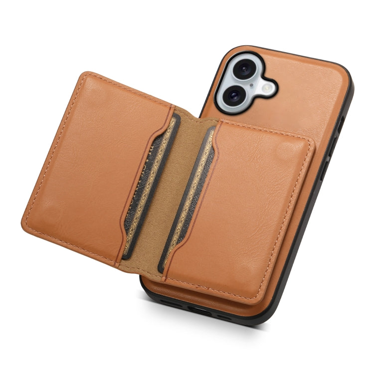 For iPhone 16 Denior Cowhide Texture Leather MagSafe Detachable Wallet Phone Case(Khaki) - iPhone 16 Cases by Denior | Online Shopping South Africa | PMC Jewellery | Buy Now Pay Later Mobicred