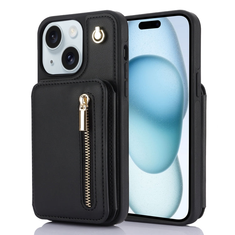 For iPhone 15 Plus YM006 Skin Feel Zipper Card Bag Phone Case with Dual Lanyard(Black) - iPhone 15 Plus Cases by PMC Jewellery | Online Shopping South Africa | PMC Jewellery