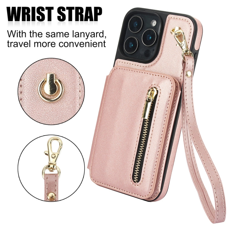 For iPhone 16 Pro YM006 Skin Feel Zipper Card Bag Phone Case with Dual Lanyard(Rose Gold) - iPhone 16 Pro Cases by PMC Jewellery | Online Shopping South Africa | PMC Jewellery | Buy Now Pay Later Mobicred