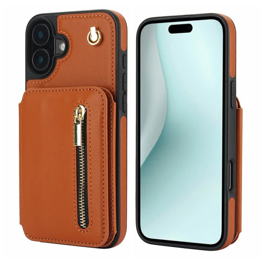 For iPhone 16 Plus YM006 Skin Feel Zipper Card Bag Phone Case with Dual Lanyard(Brown) - iPhone 16 Plus Cases by PMC Jewellery | Online Shopping South Africa | PMC Jewellery | Buy Now Pay Later Mobicred