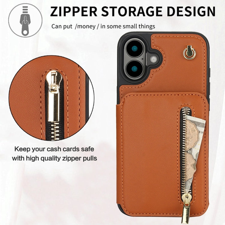 For iPhone 16 Plus YM006 Skin Feel Zipper Card Bag Phone Case with Dual Lanyard(Brown) - iPhone 16 Plus Cases by PMC Jewellery | Online Shopping South Africa | PMC Jewellery | Buy Now Pay Later Mobicred