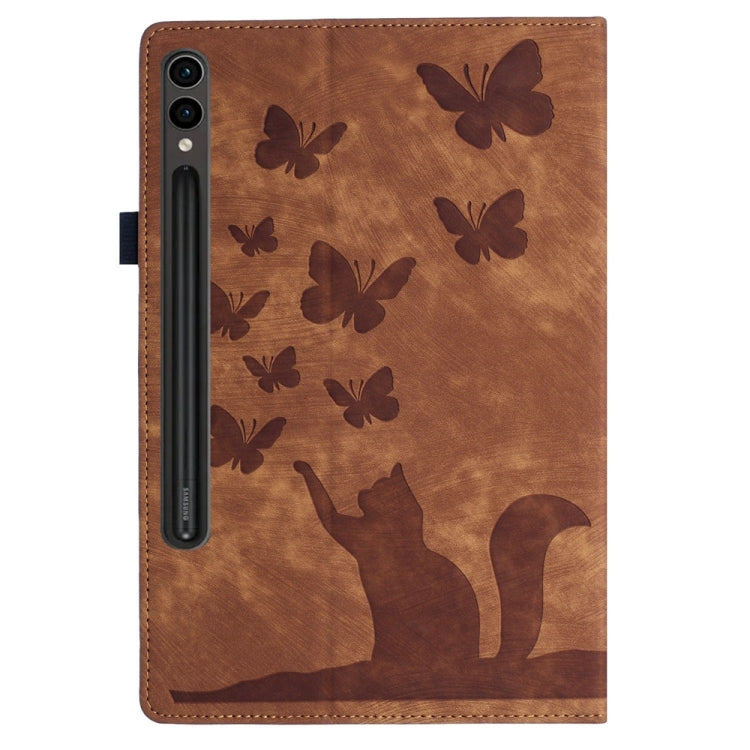 For Samsung Galaxy Tab S9 Ultra / S8 Ultra Butterfly Cat Embossing Leather Tablet Case(Brown) - Galaxy Tab S9 Ultra Cases by PMC Jewellery | Online Shopping South Africa | PMC Jewellery | Buy Now Pay Later Mobicred