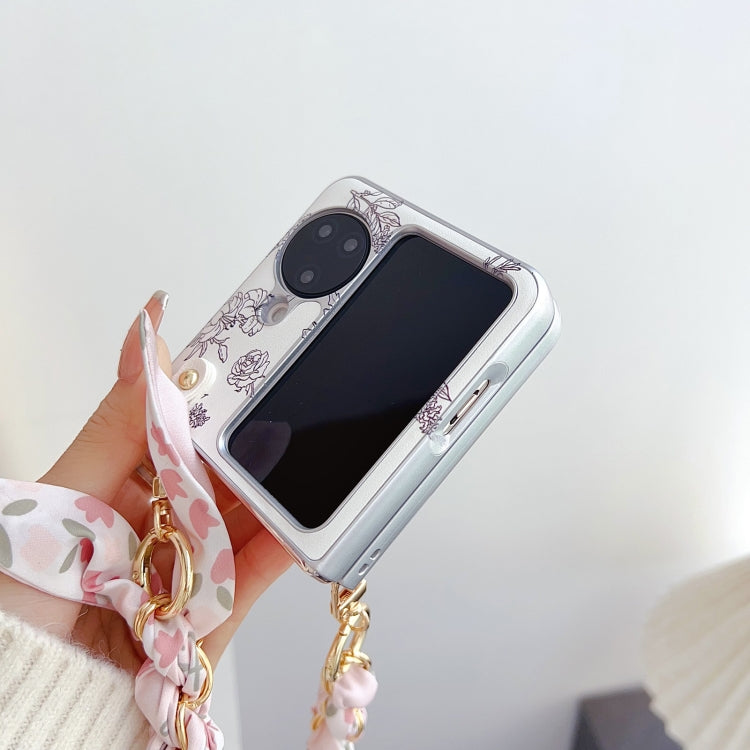 For OPPO Find N3 Flip Pearlescent Paint Painted PC Phone Case with DIY Scarf Bracelet(Sketch Flower) - Find N3 Flip Cases by PMC Jewellery | Online Shopping South Africa | PMC Jewellery