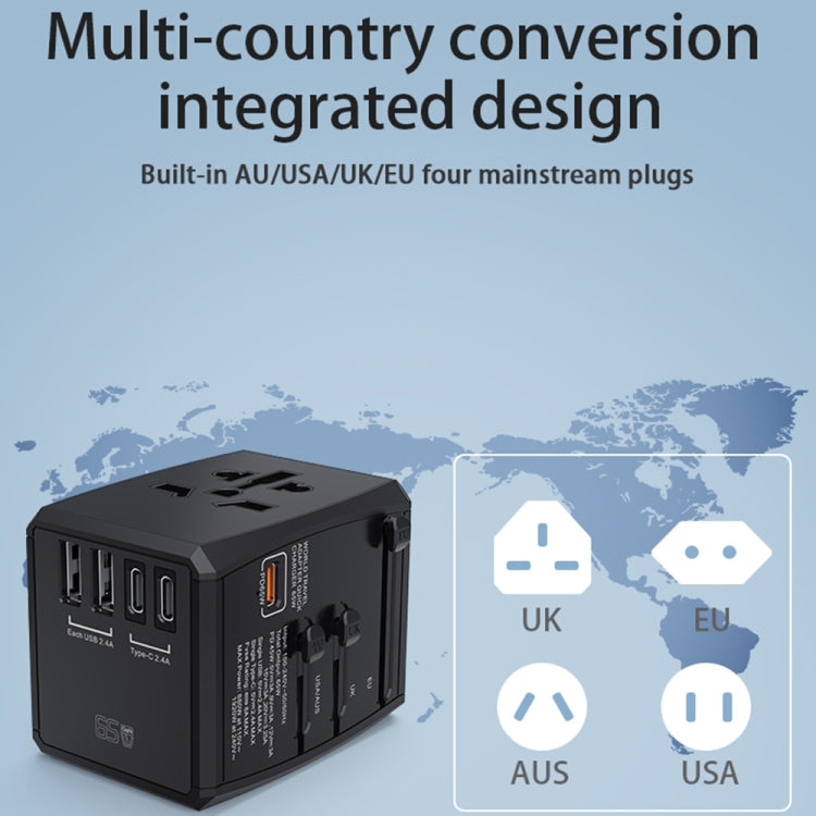 HHT905 PD 65W Dual USB+Dual Type-C Interface Multi-function Universal Travel Conversion Plug(Black) - USB Charger by PMC Jewellery | Online Shopping South Africa | PMC Jewellery