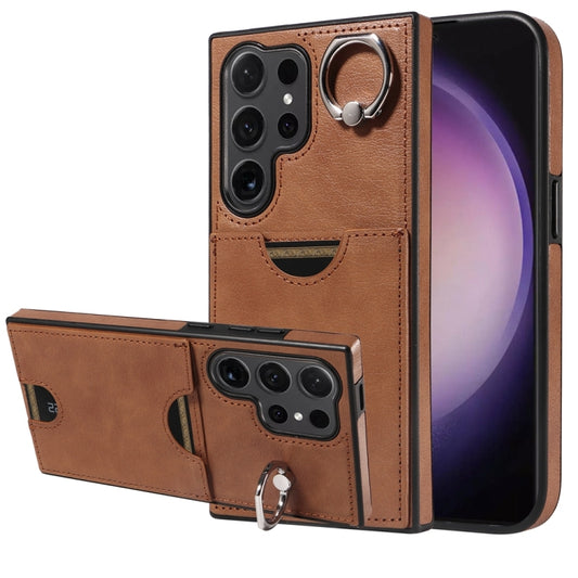 For Samsung Galaxy S24 Ultra 5G Calf Texture Card Slot Ring Holder Phone Case(Brown) - Galaxy S24 Ultra 5G Tempered Glass by PMC Jewellery | Online Shopping South Africa | PMC Jewellery